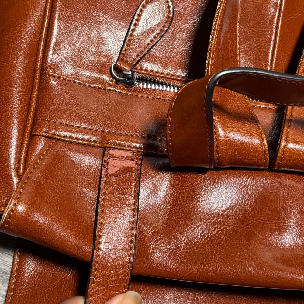 Iswee Cognac Brown Leather Laptop Backpack Unisex Flapover Satchel Bag 14 Inch - Picture 11 of 16